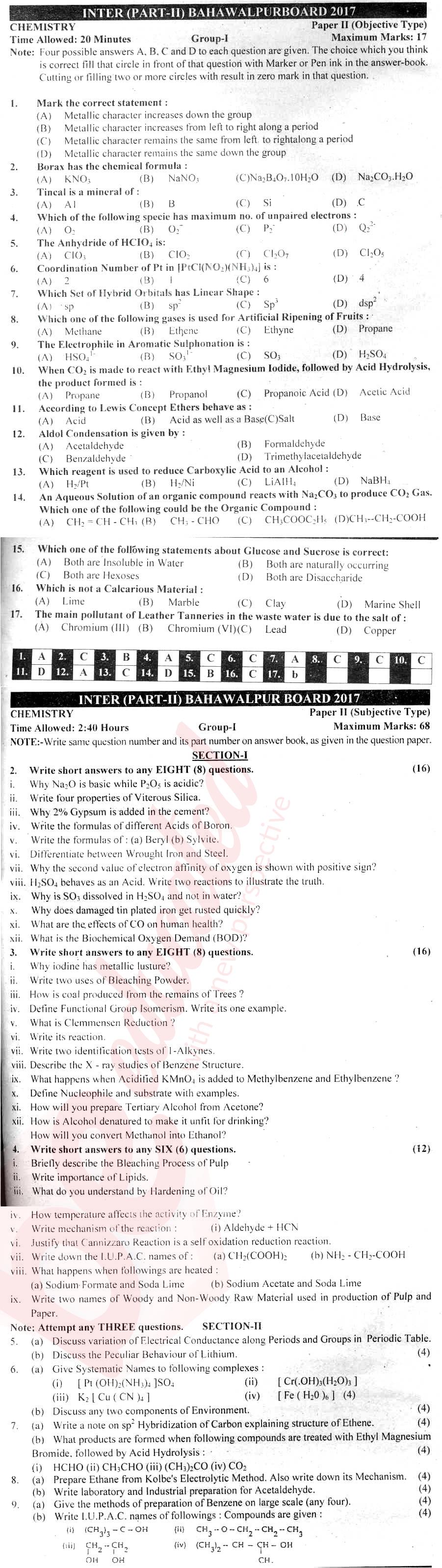 Chemistry FSC Part 2 Past Paper Group 1 BISE Bahawalpur 2017