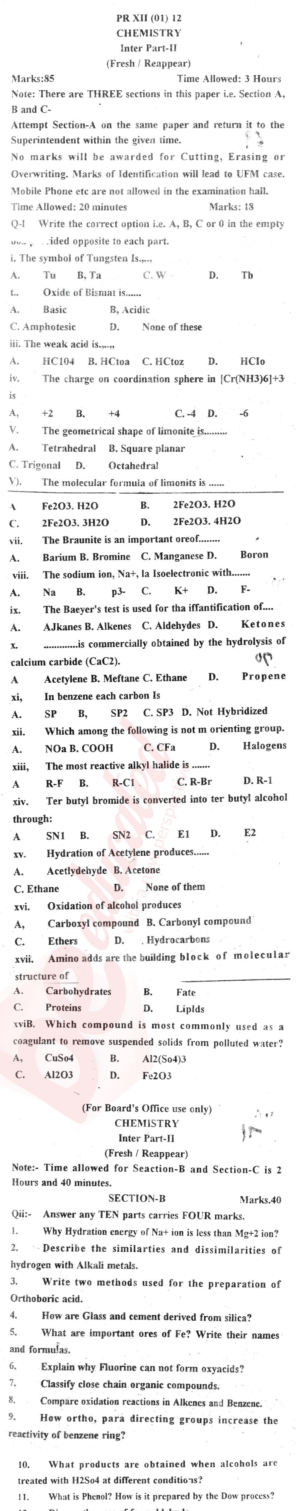Chemistry FSC Part 2 Past Paper Group 1 BISE Bannu 2012