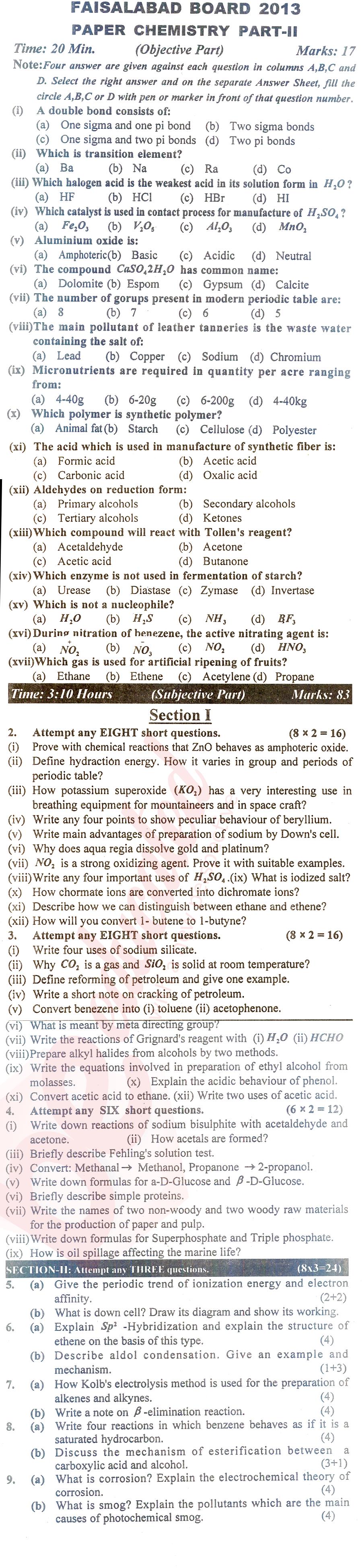 Chemistry FSC Part 2 Past Paper Group 1 BISE Faisalabad 2013