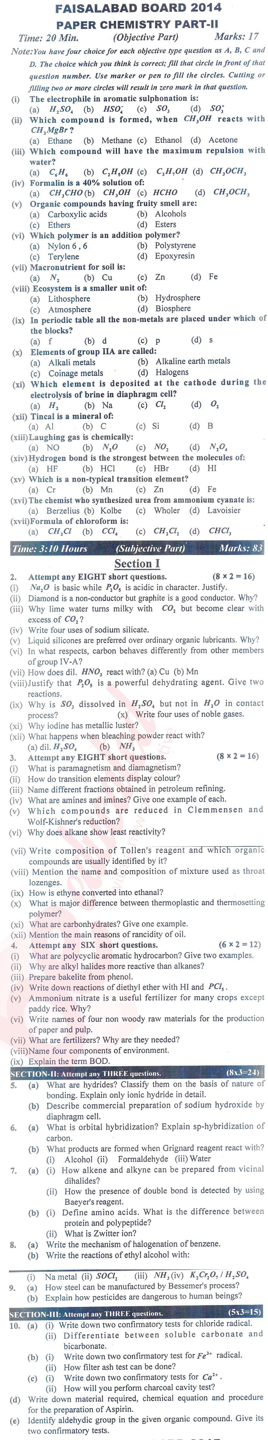 Chemistry FSC Part 2 Past Paper Group 1 BISE Faisalabad 2014