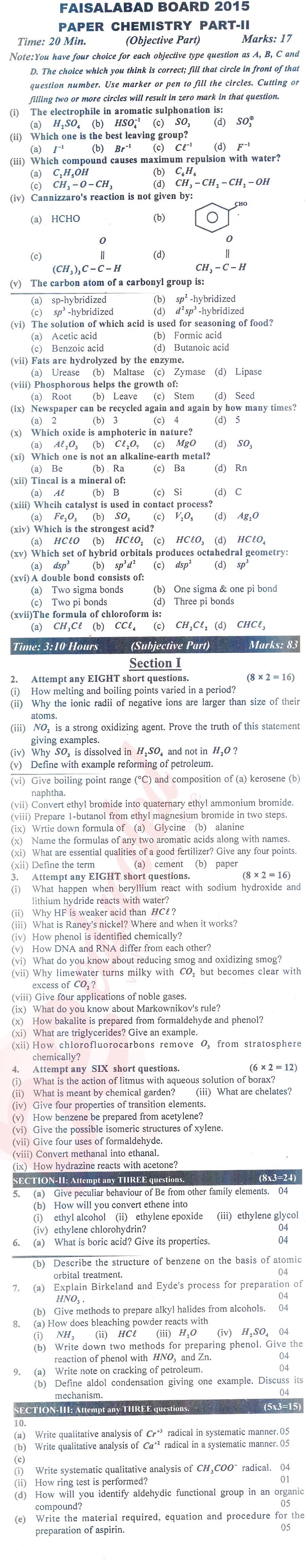 Chemistry FSC Part 2 Past Paper Group 1 BISE Faisalabad 2015