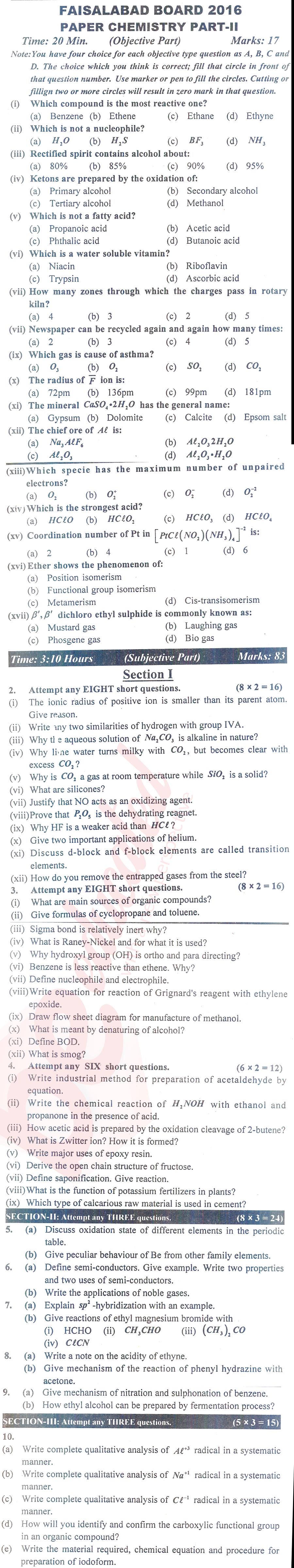 Chemistry FSC Part 2 Past Paper Group 1 BISE Faisalabad 2016