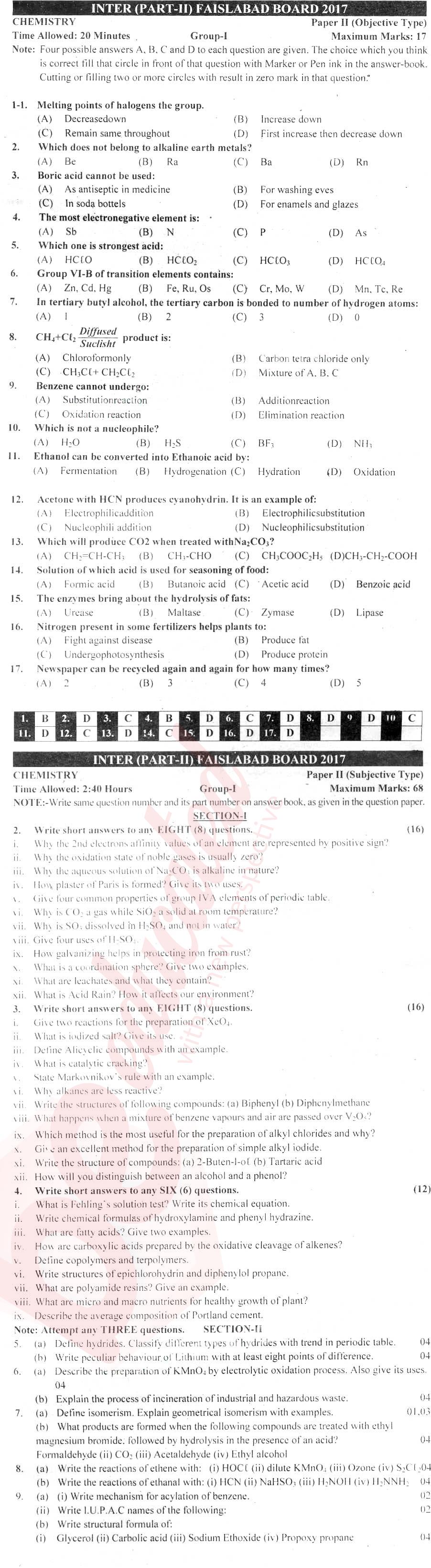 Chemistry FSC Part 2 Past Paper Group 1 BISE Faisalabad 2017