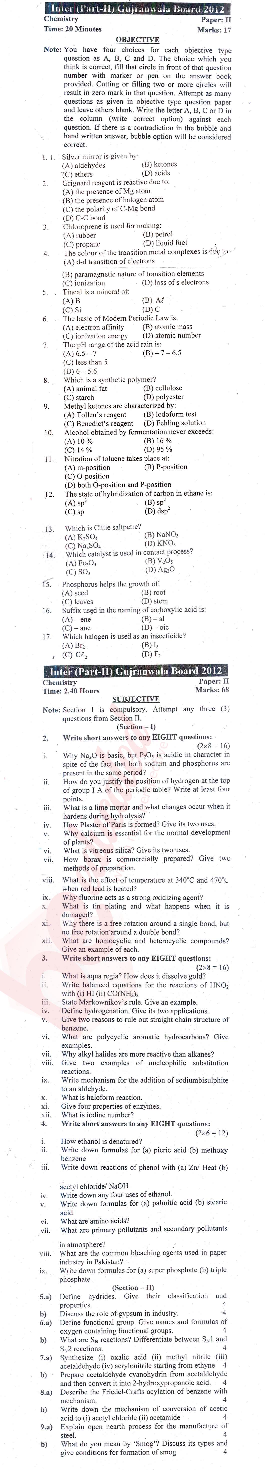 Chemistry FSC Part 2 Past Paper Group 1 BISE Gujranwala 2012
