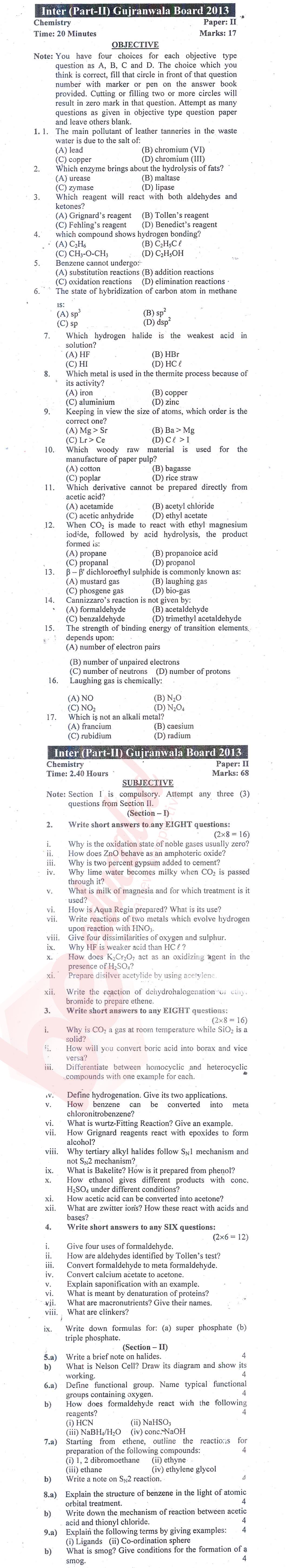 Chemistry FSC Part 2 Past Paper Group 1 BISE Gujranwala 2013