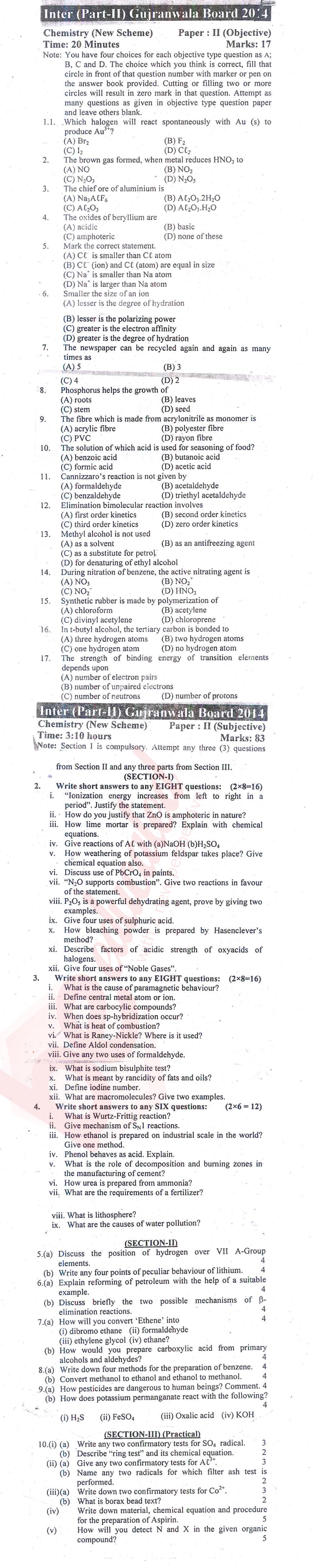 Chemistry FSC Part 2 Past Paper Group 1 BISE Gujranwala 2014