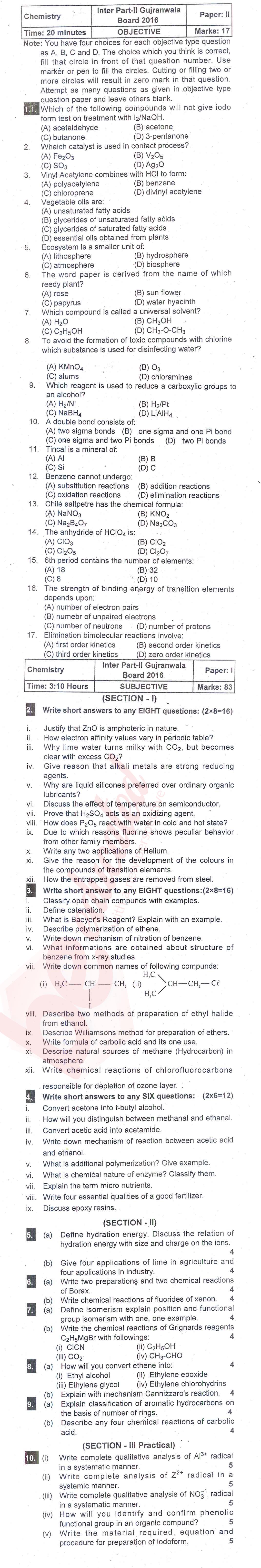 Chemistry FSC Part 2 Past Paper Group 1 BISE Gujranwala 2016