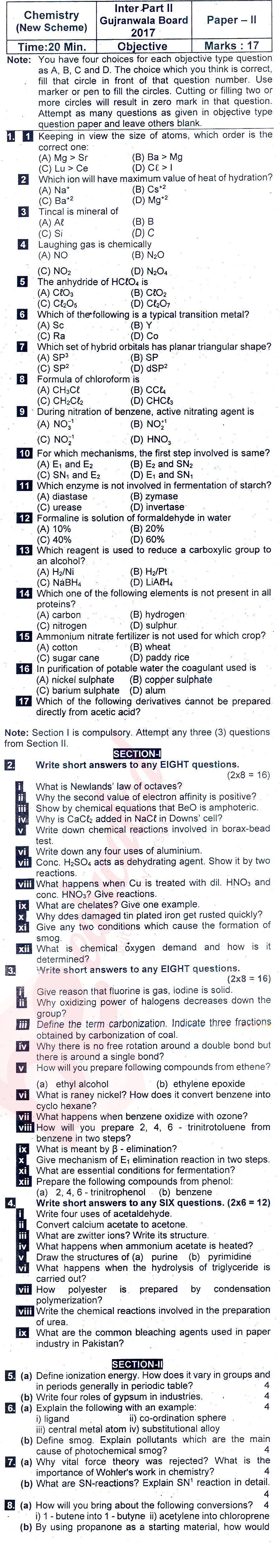 Chemistry FSC Part 2 Past Paper Group 1 BISE Gujranwala 2017