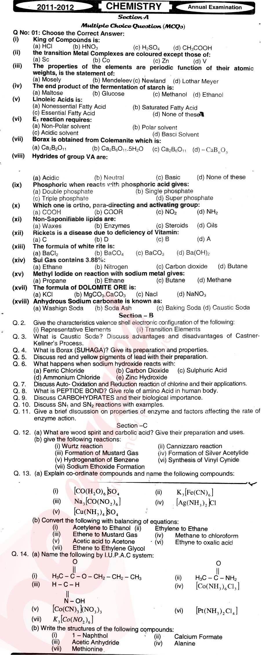 Chemistry FSC Part 2 Past Paper Group 1 BISE Hyderabad 2012