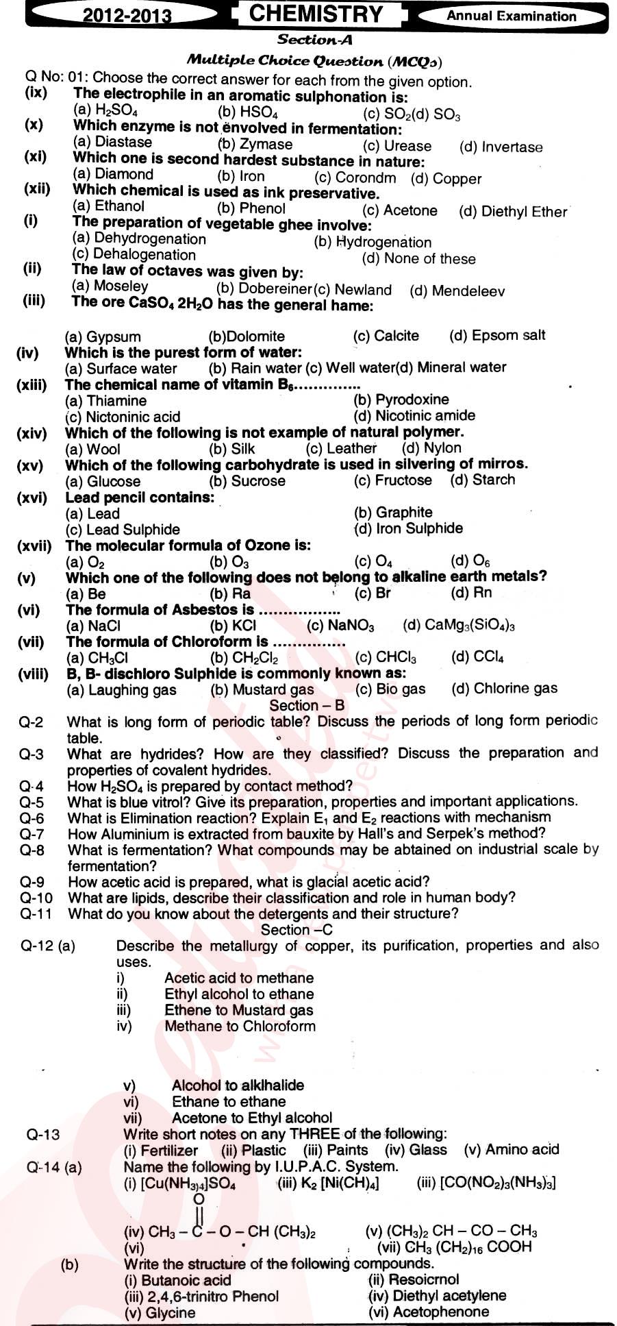 Chemistry FSC Part 2 Past Paper Group 1 BISE Hyderabad 2013