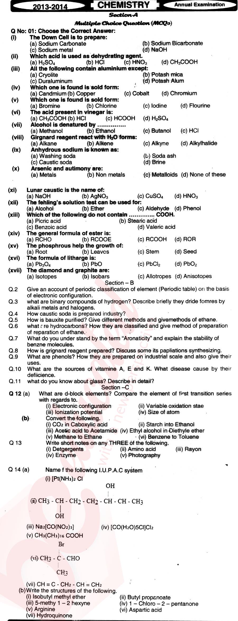 Chemistry FSC Part 2 Past Paper Group 1 BISE Hyderabad 2014