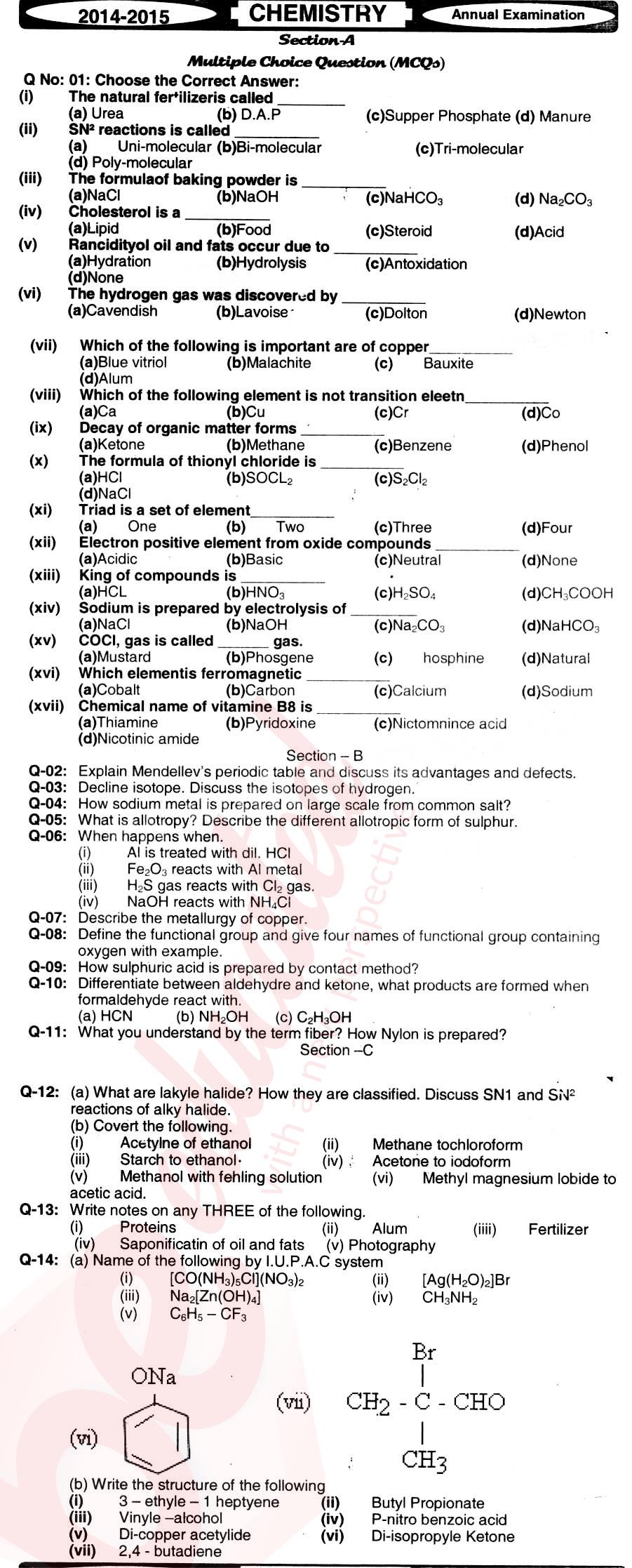 Chemistry FSC Part 2 Past Paper Group 1 BISE Hyderabad 2015