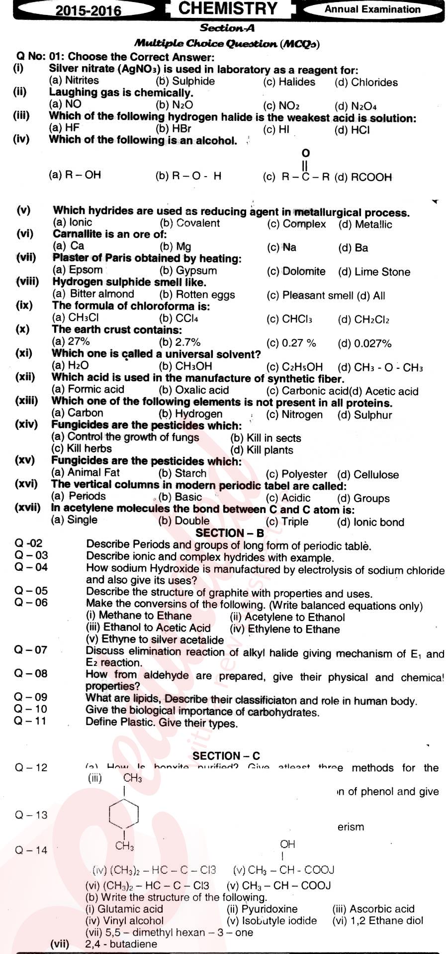 Chemistry FSC Part 2 Past Paper Group 1 BISE Hyderabad 2016