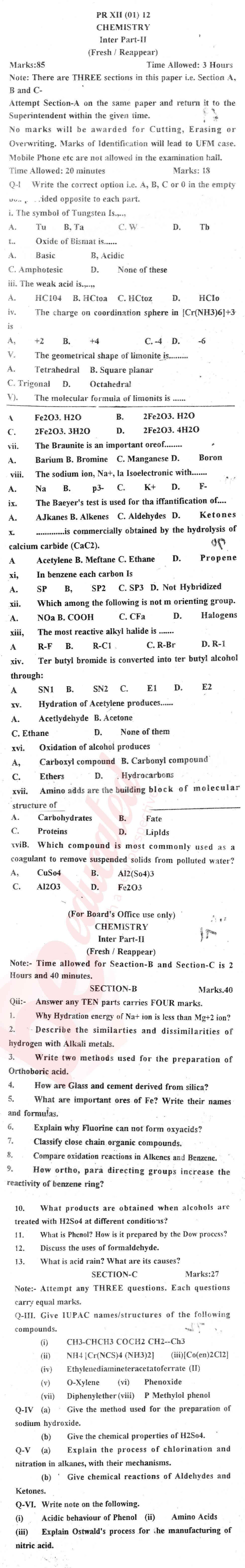 Chemistry FSC Part 2 Past Paper Group 1 BISE Kohat 2012