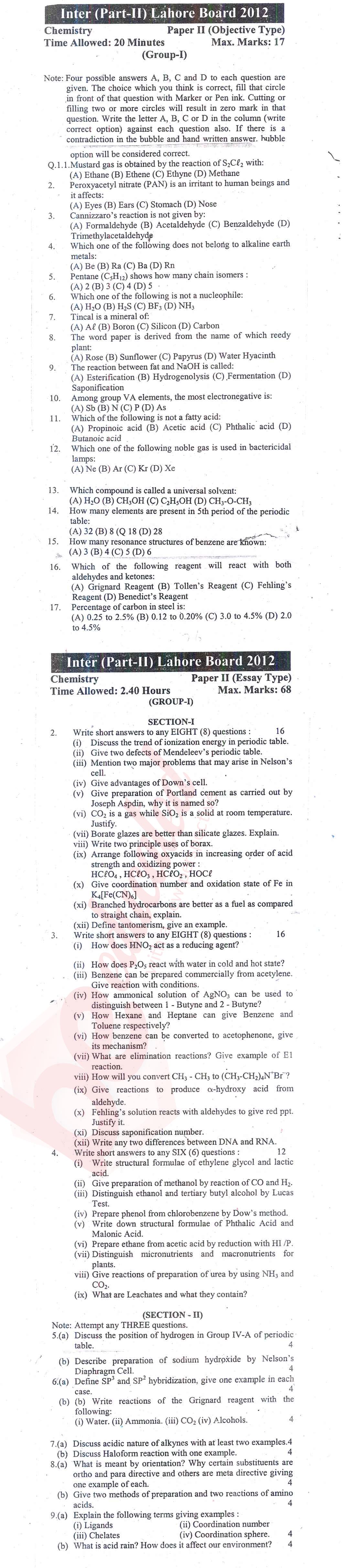 Chemistry FSC Part 2 Past Paper Group 1 BISE Lahore 2012