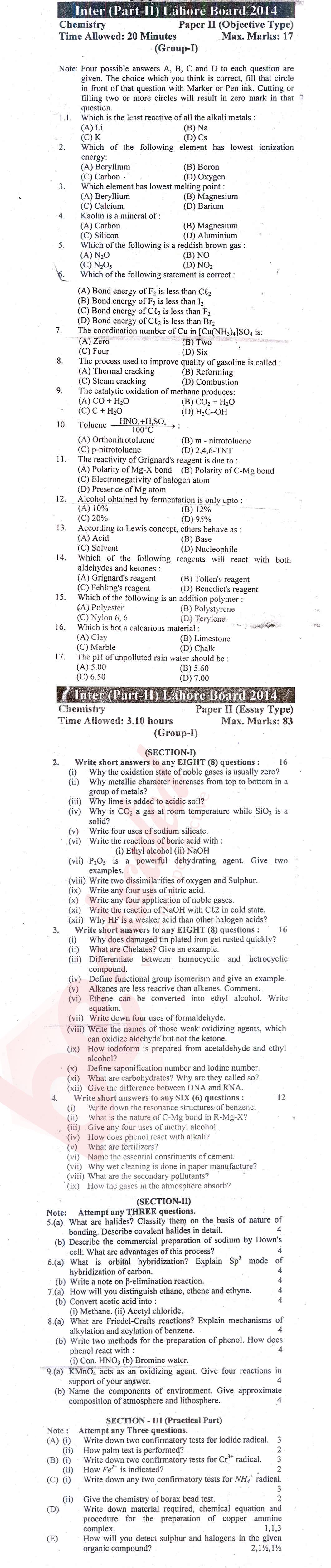 Chemistry FSC Part 2 Past Paper Group 1 BISE Lahore 2014
