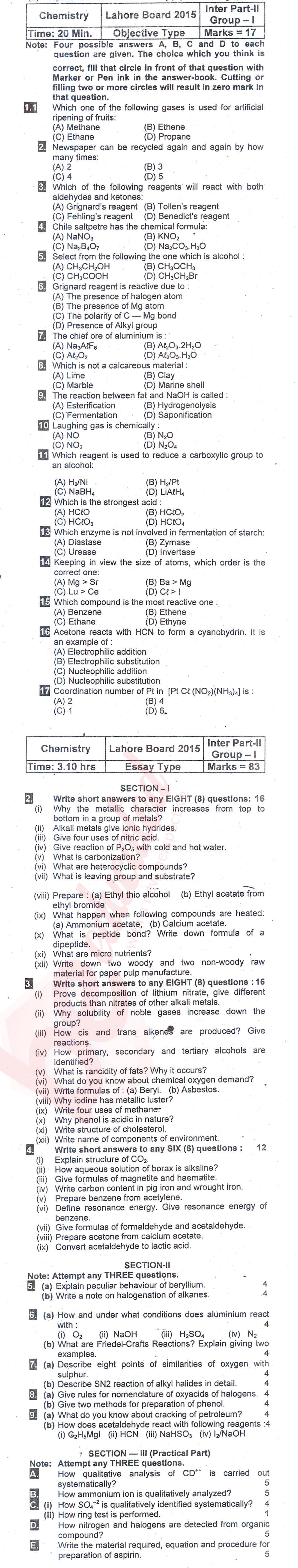 Chemistry FSC Part 2 Past Paper Group 1 BISE Lahore 2015