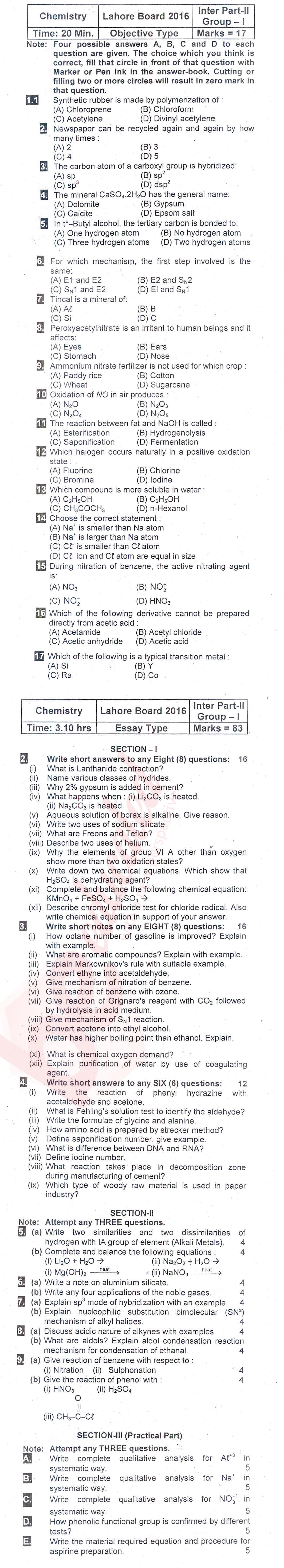 Chemistry FSC Part 2 Past Paper Group 1 BISE Lahore 2016