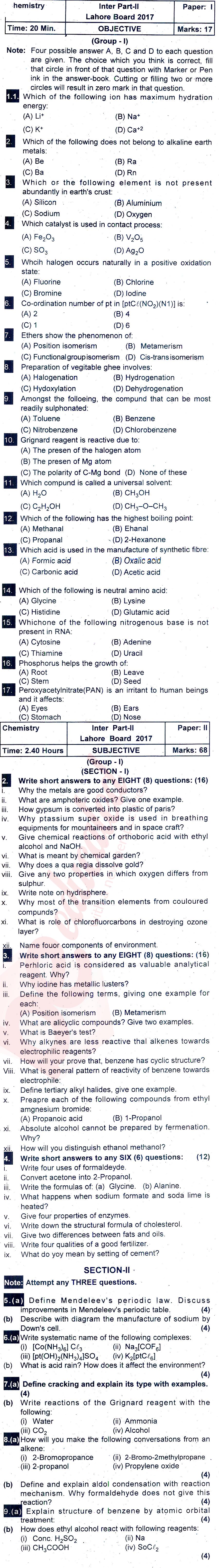 Chemistry FSC Part 2 Past Paper Group 1 BISE Lahore 2017