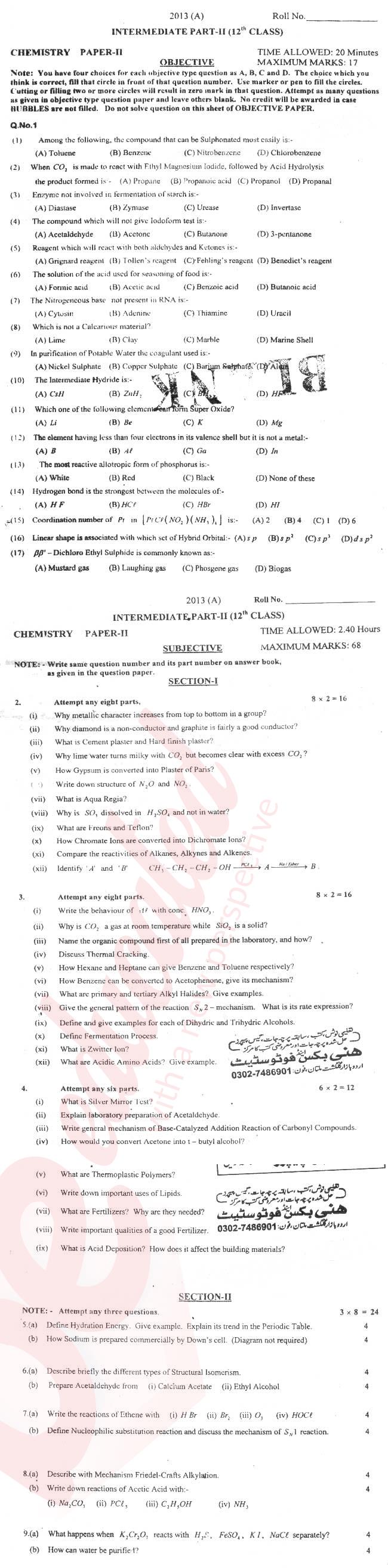 Chemistry FSC Part 2 Past Paper Group 1 BISE Multan 2013