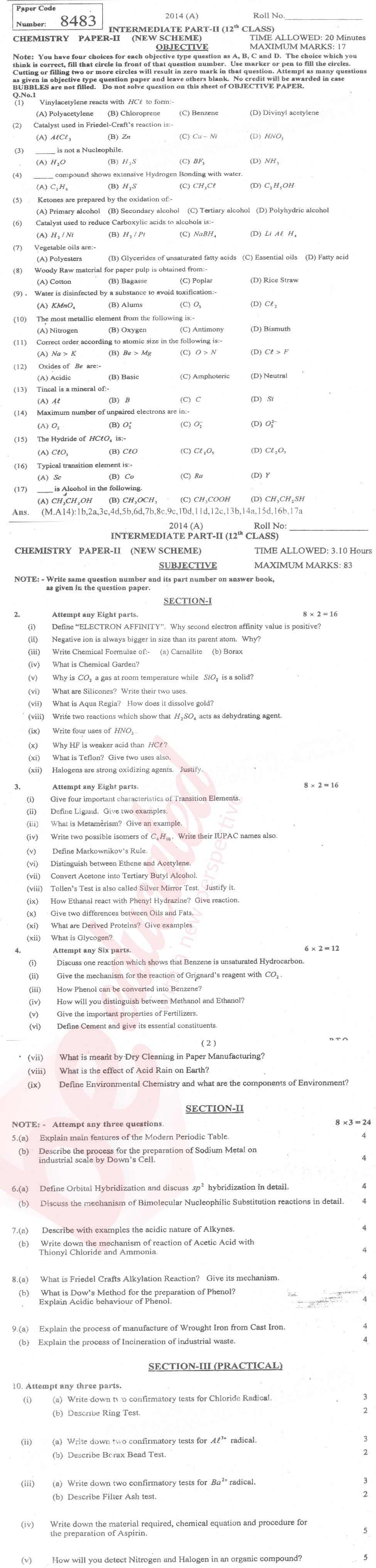 Chemistry FSC Part 2 Past Paper Group 1 BISE Multan 2014