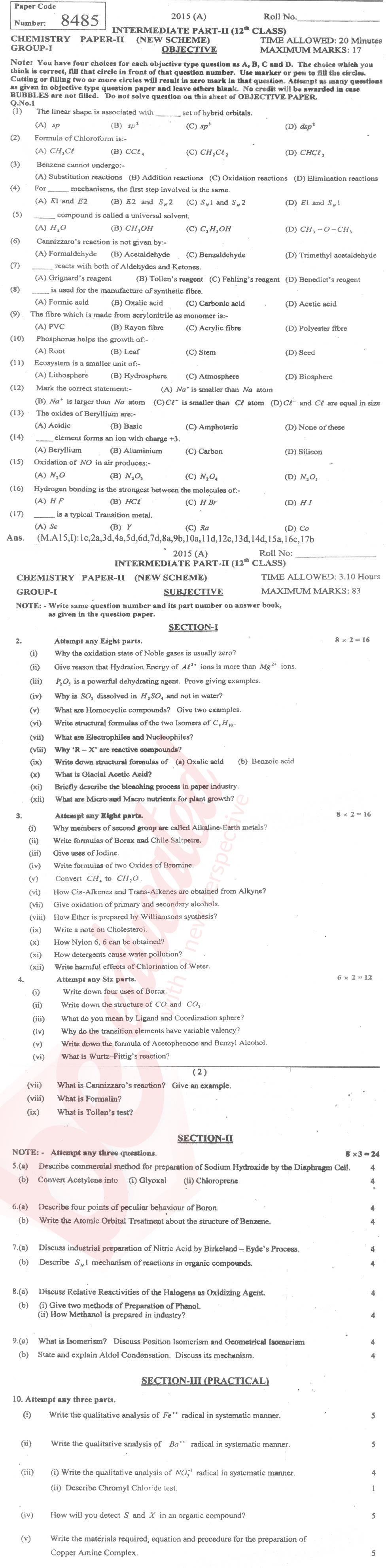 Chemistry FSC Part 2 Past Paper Group 1 BISE Multan 2015