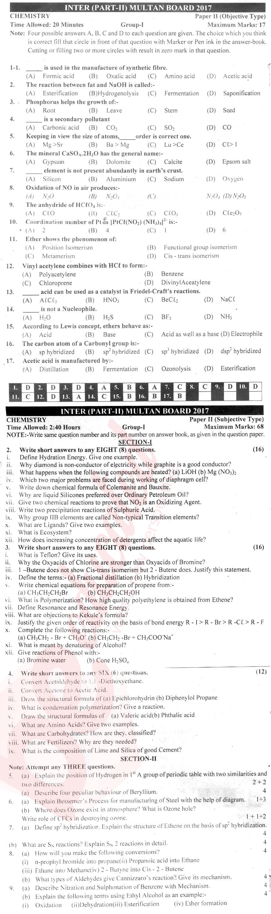 Chemistry FSC Part 2 Past Paper Group 1 BISE Multan 2017