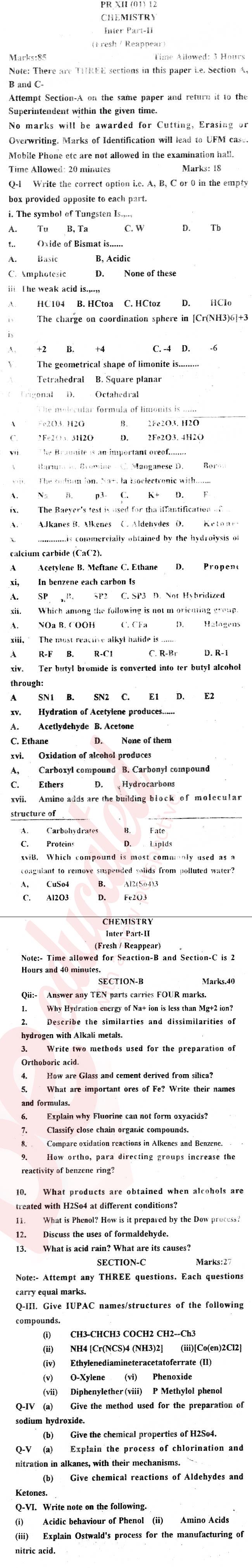 Chemistry FSC Part 2 Past Paper Group 1 BISE Peshawar 2012