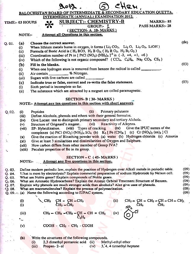 Chemistry FSC Part 2 Past Paper Group 1 BISE Quetta 2012