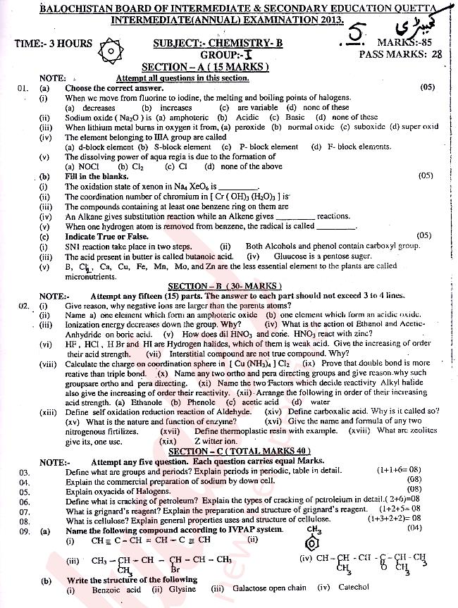 Chemistry FSC Part 2 Past Paper Group 1 BISE Quetta 2013