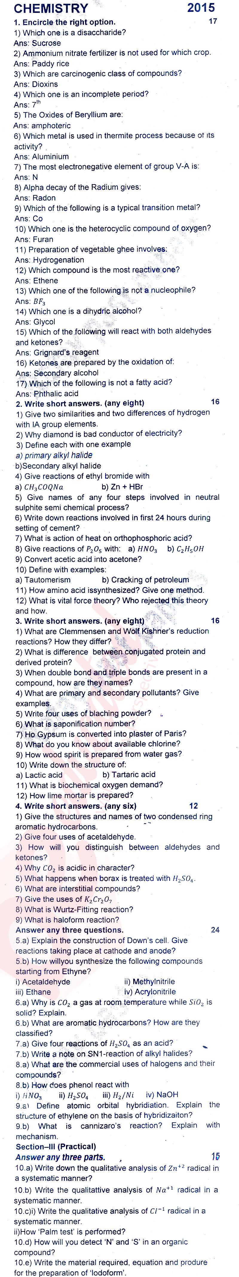 Chemistry FSC Part 2 Past Paper Group 1 BISE Rawalpindi 2015