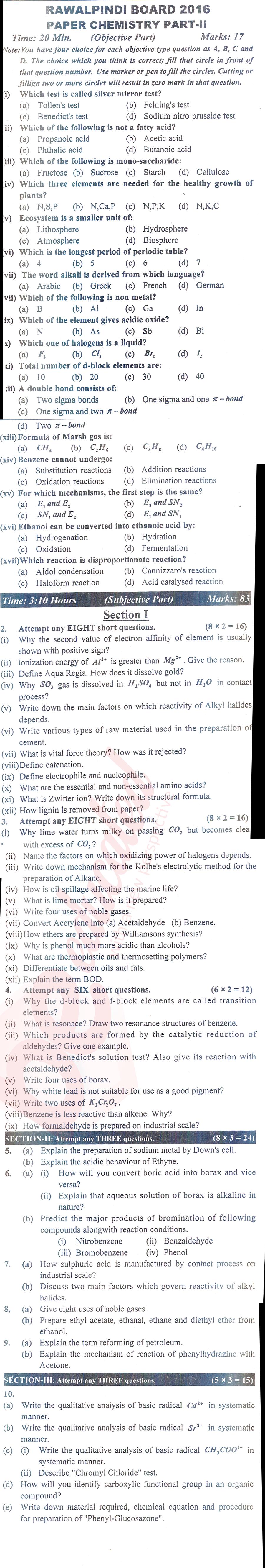 Chemistry FSC Part 2 Past Paper Group 1 BISE Rawalpindi 2016