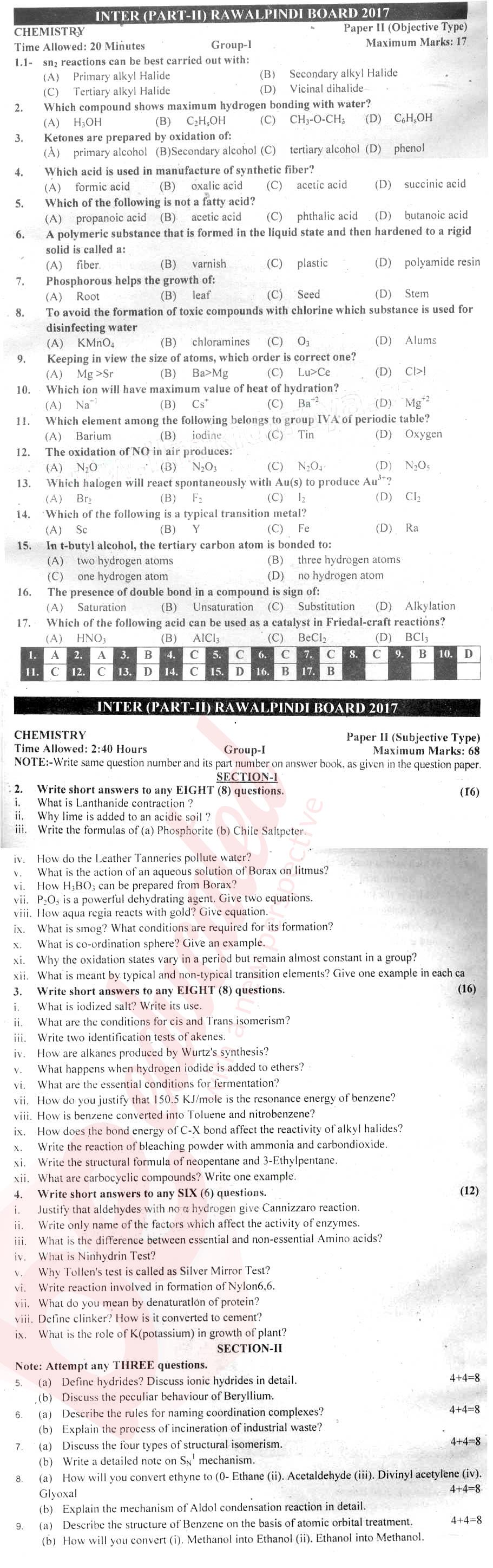 Chemistry FSC Part 2 Past Paper Group 1 BISE Rawalpindi 2017