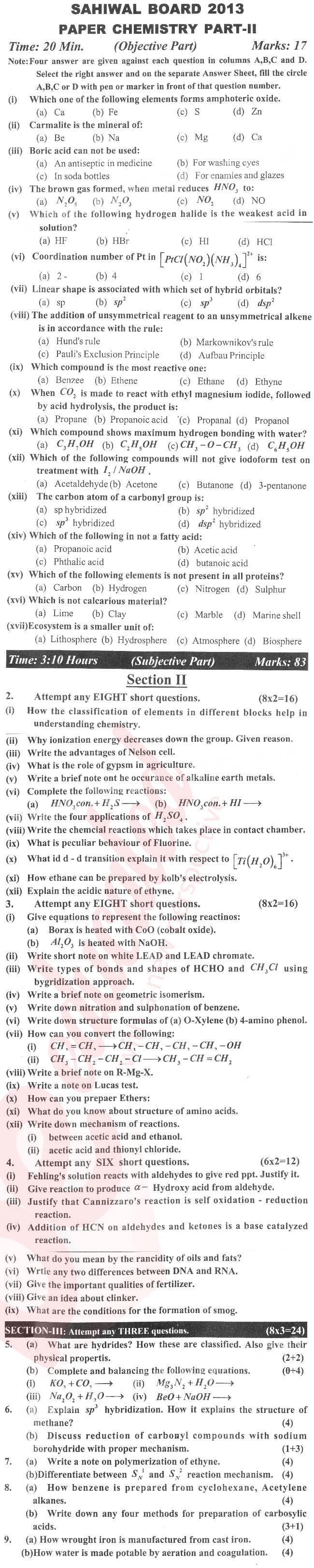 Chemistry FSC Part 2 Past Paper Group 1 BISE Sahiwal 2013