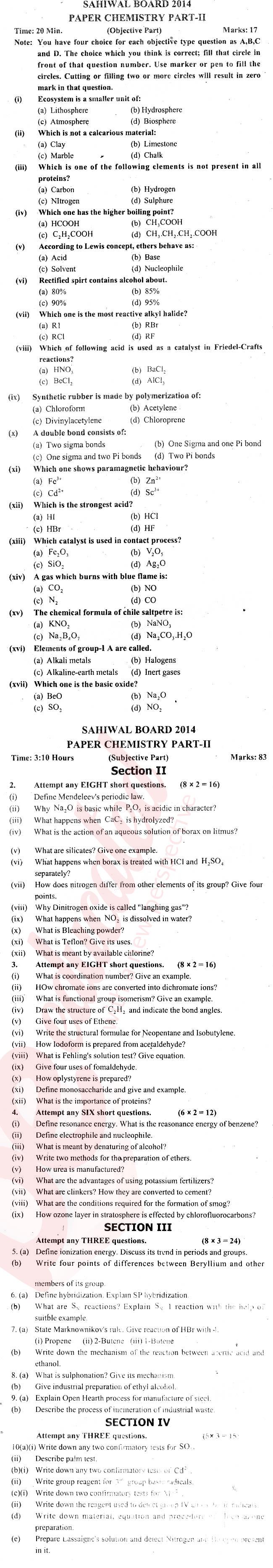 Chemistry FSC Part 2 Past Paper Group 1 BISE Sahiwal 2014