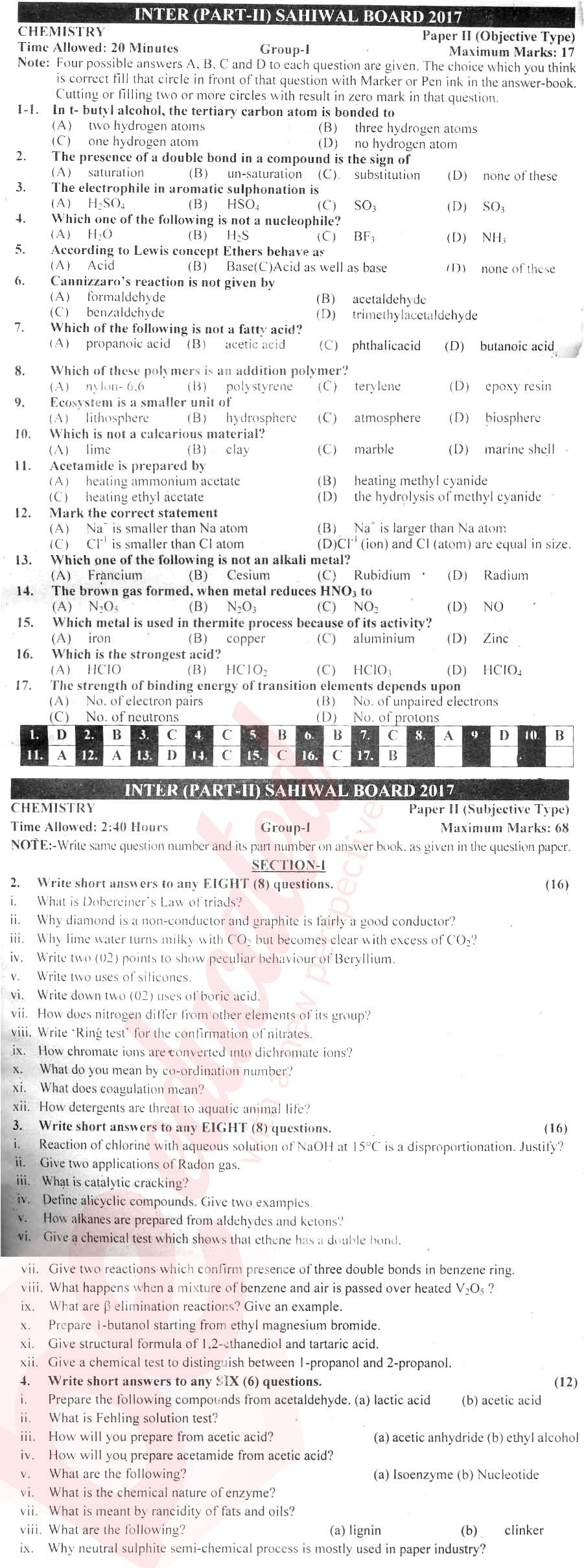 Chemistry FSC Part 2 Past Paper Group 1 BISE Sahiwal 2017