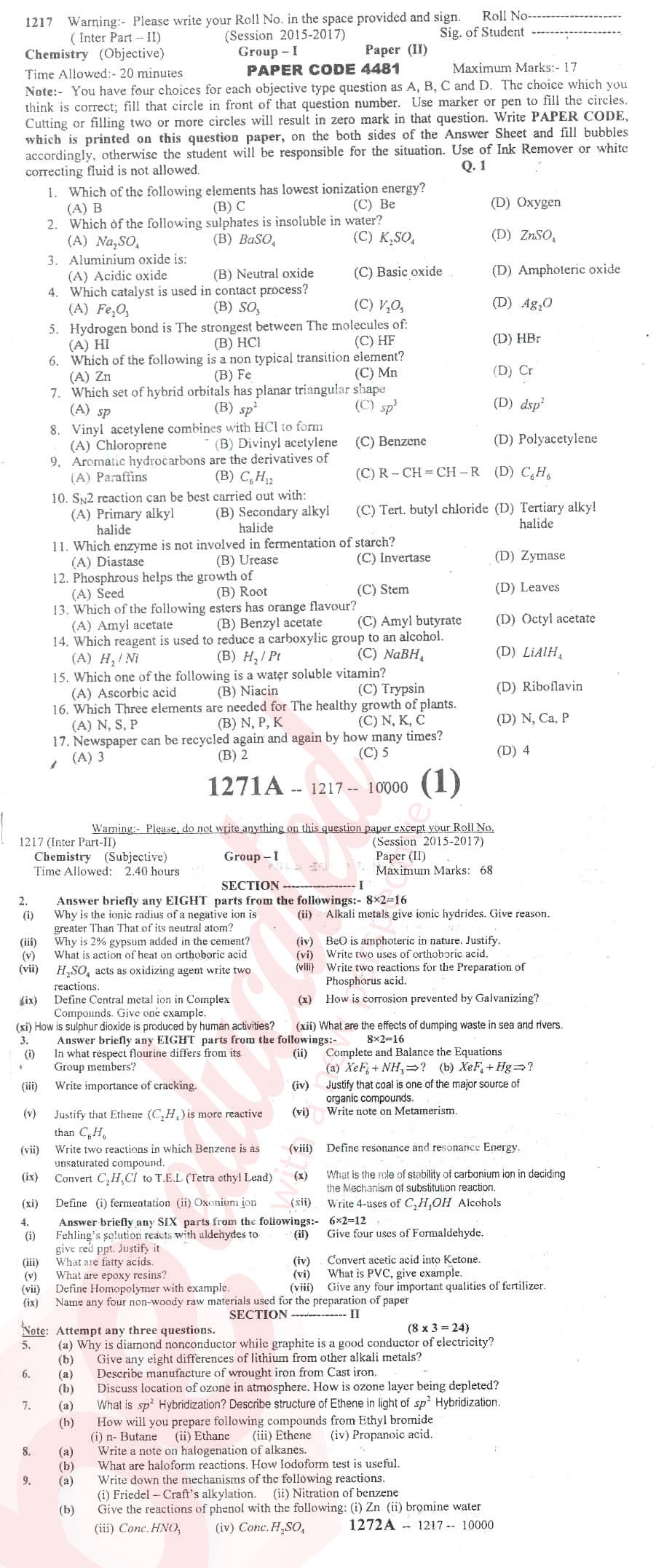 Chemistry FSC Part 2 Past Paper Group 1 BISE Sargodha 2017