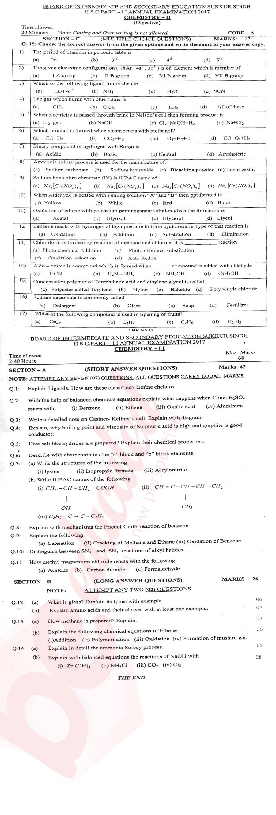 Chemistry FSC Part 2 Past Paper Group 1 BISE Sukkur 2017