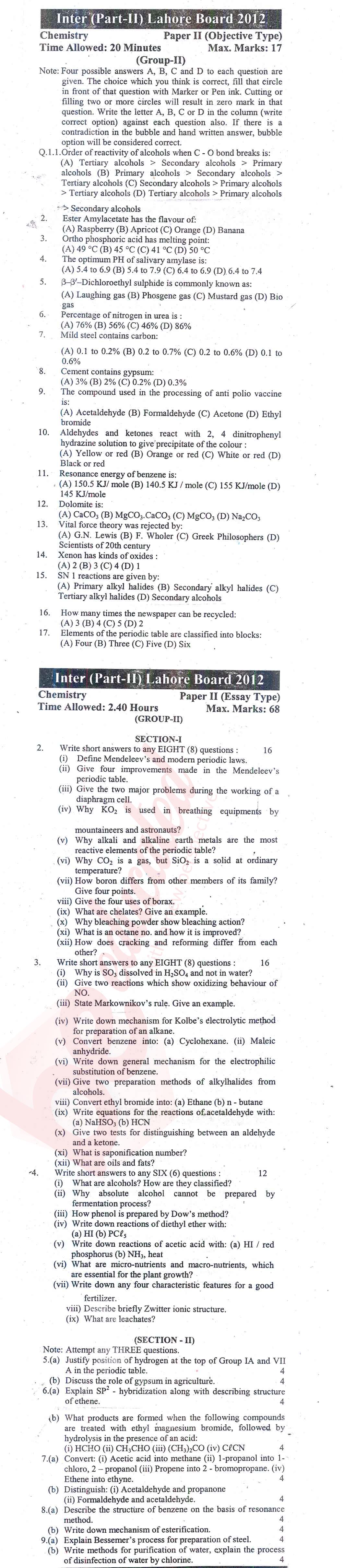 Chemistry FSC Part 2 Past Paper Group 2 BISE Lahore 2012