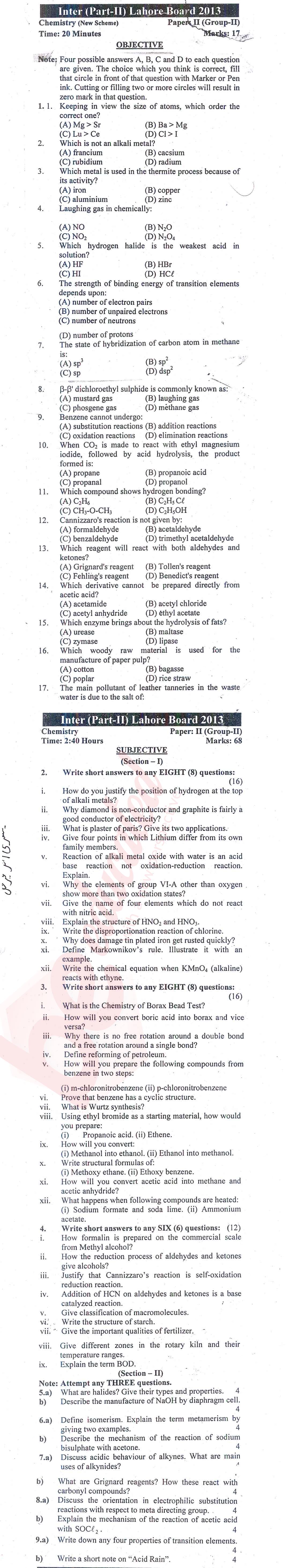Chemistry FSC Part 2 Past Paper Group 2 BISE Lahore 2013
