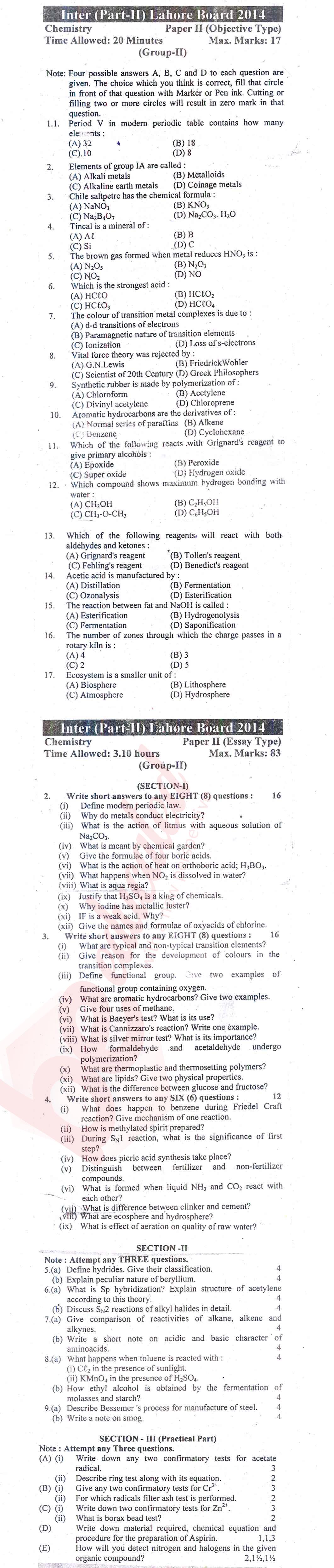 Chemistry FSC Part 2 Past Paper Group 2 BISE Lahore 2014