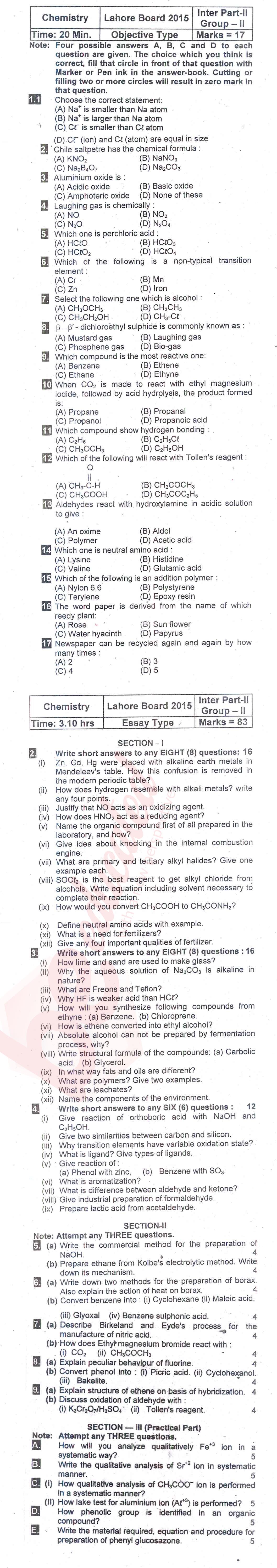 Chemistry FSC Part 2 Past Paper Group 2 BISE Lahore 2015