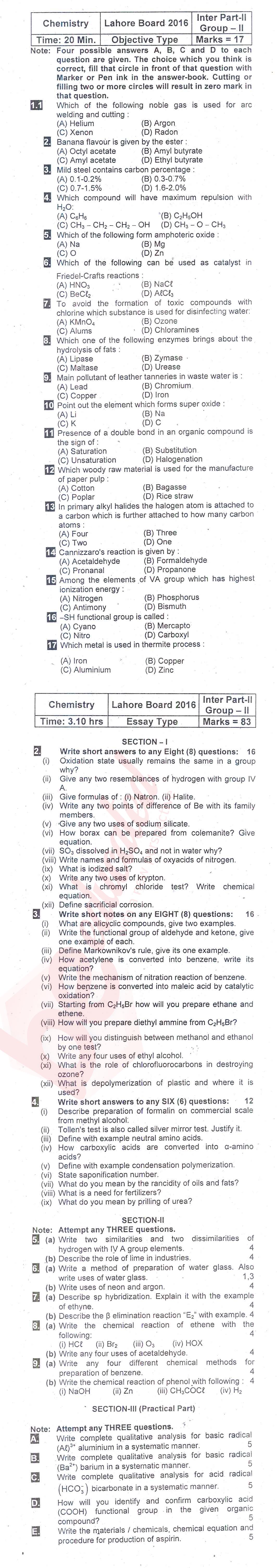 Chemistry FSC Part 2 Past Paper Group 2 BISE Lahore 2016