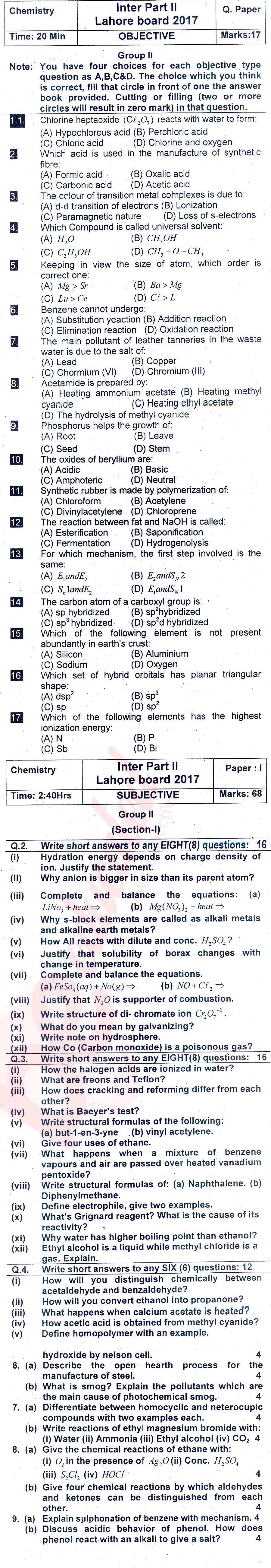 Chemistry FSC Part 2 Past Paper Group 2 BISE Lahore 2017