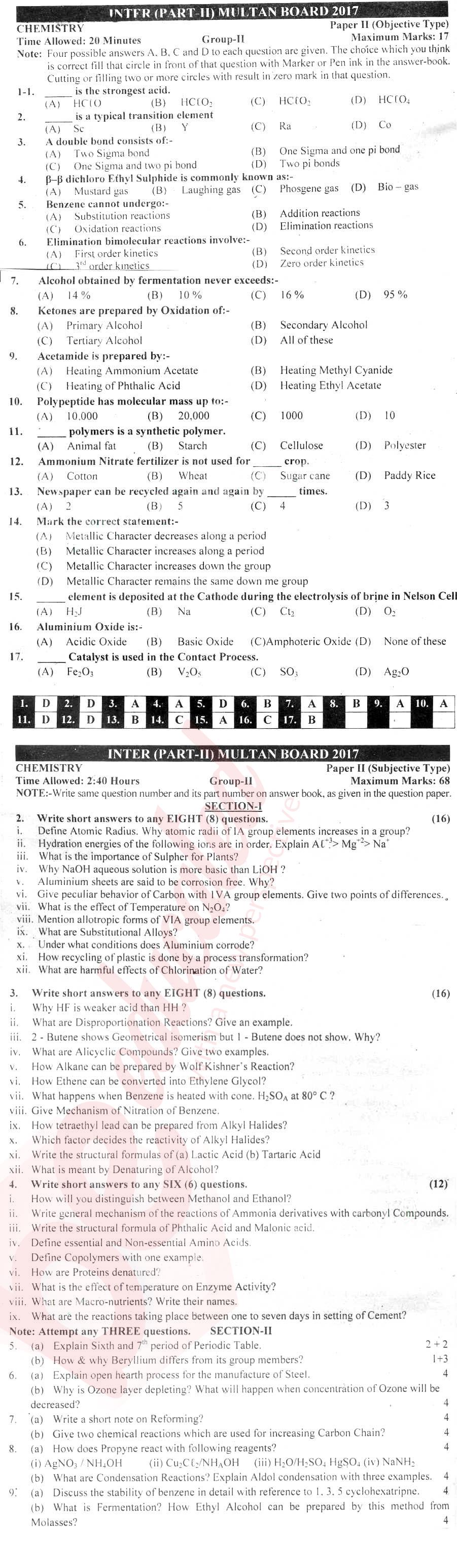 Chemistry FSC Part 2 Past Paper Group 2 BISE Multan 2017