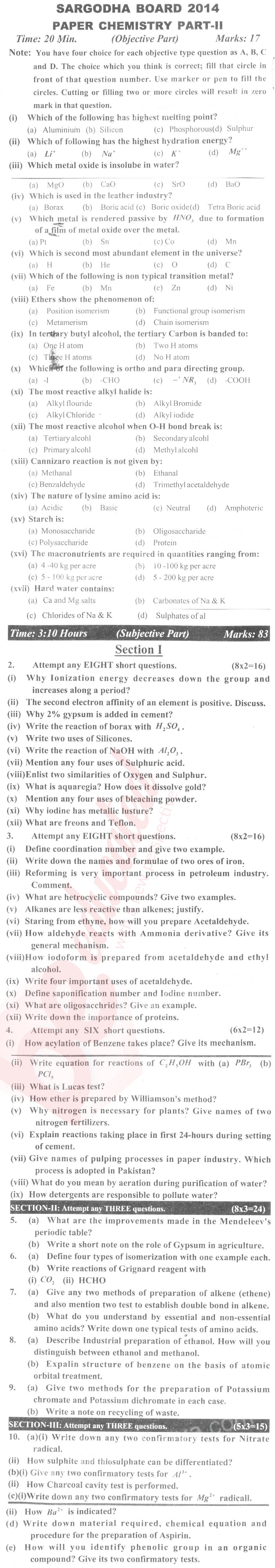 Chemistry FSC Part 2 Past Paper Group 2 BISE Sargodha 2014