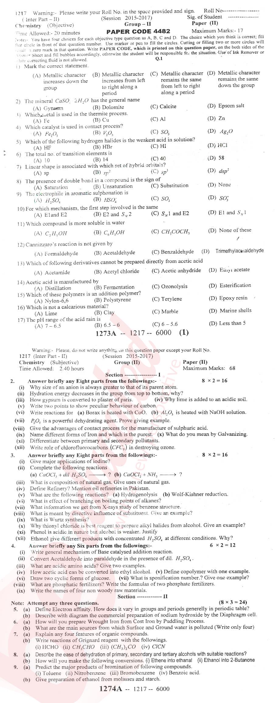 Chemistry FSC Part 2 Past Paper Group 2 BISE Sargodha 2017