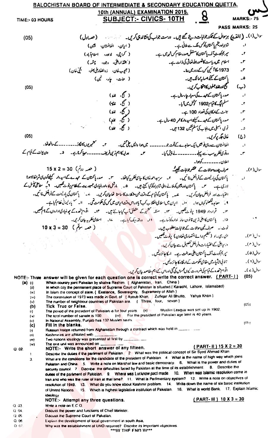 Civics 10th class Past Paper Group 1 BISE Quetta 2015