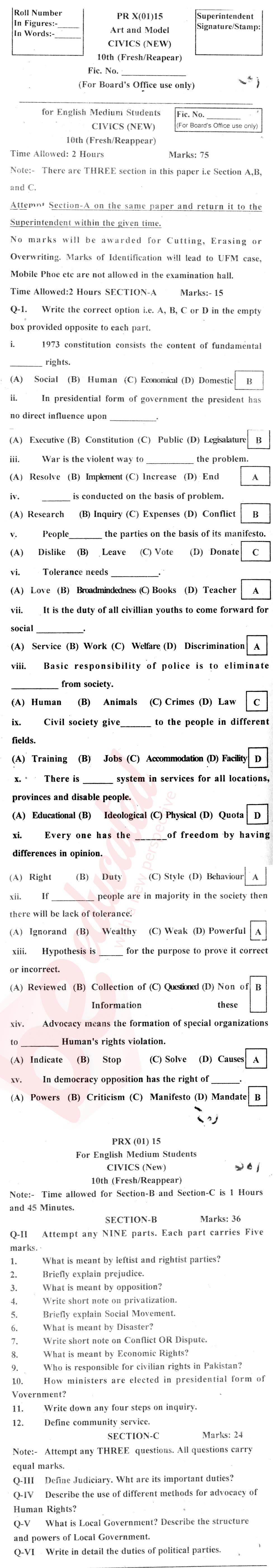 Civics 10th English Medium Past Paper Group 1 BISE Kohat 2015