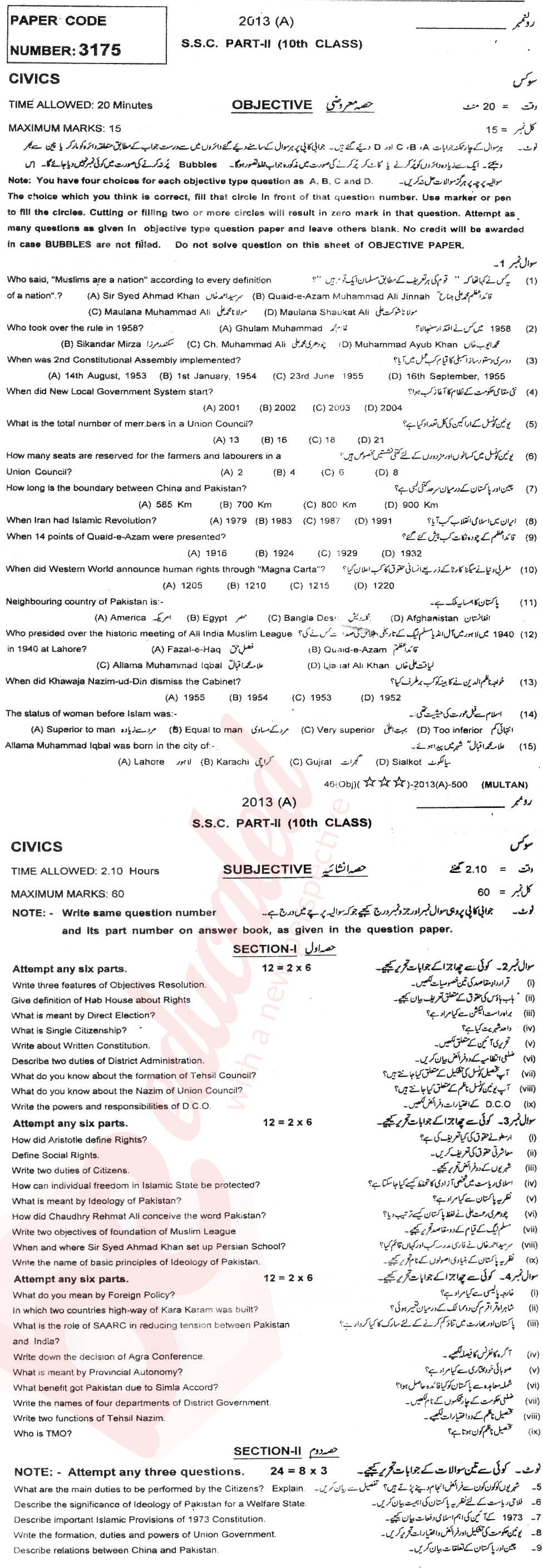 Civics 10th English Medium Past Paper Group 1 BISE Multan 2013